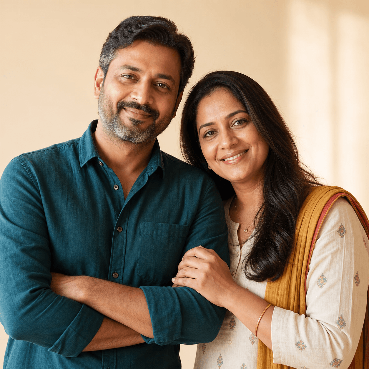 Happy Indian homeowners feeling proud and protected