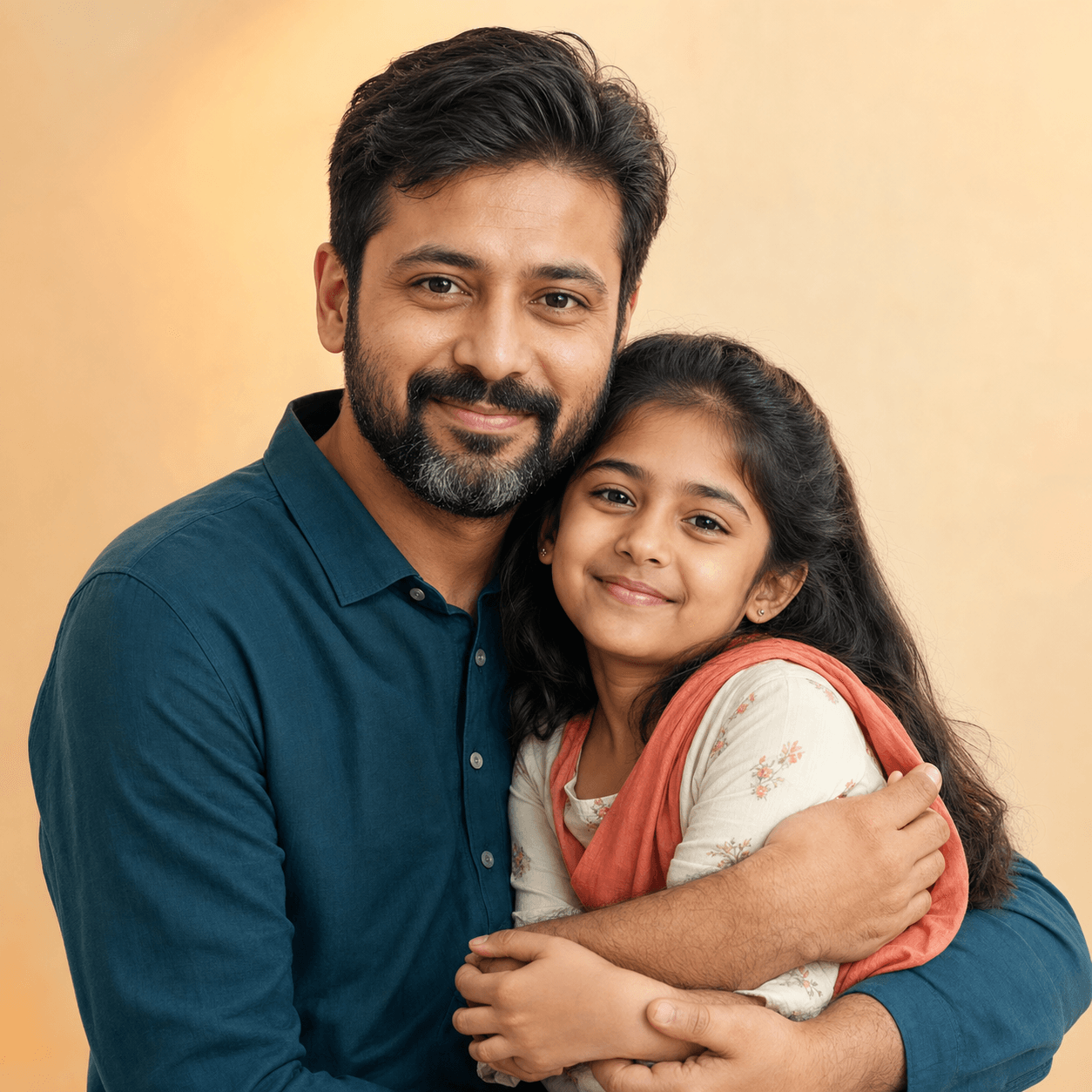 An Indian father embracing his young daughter