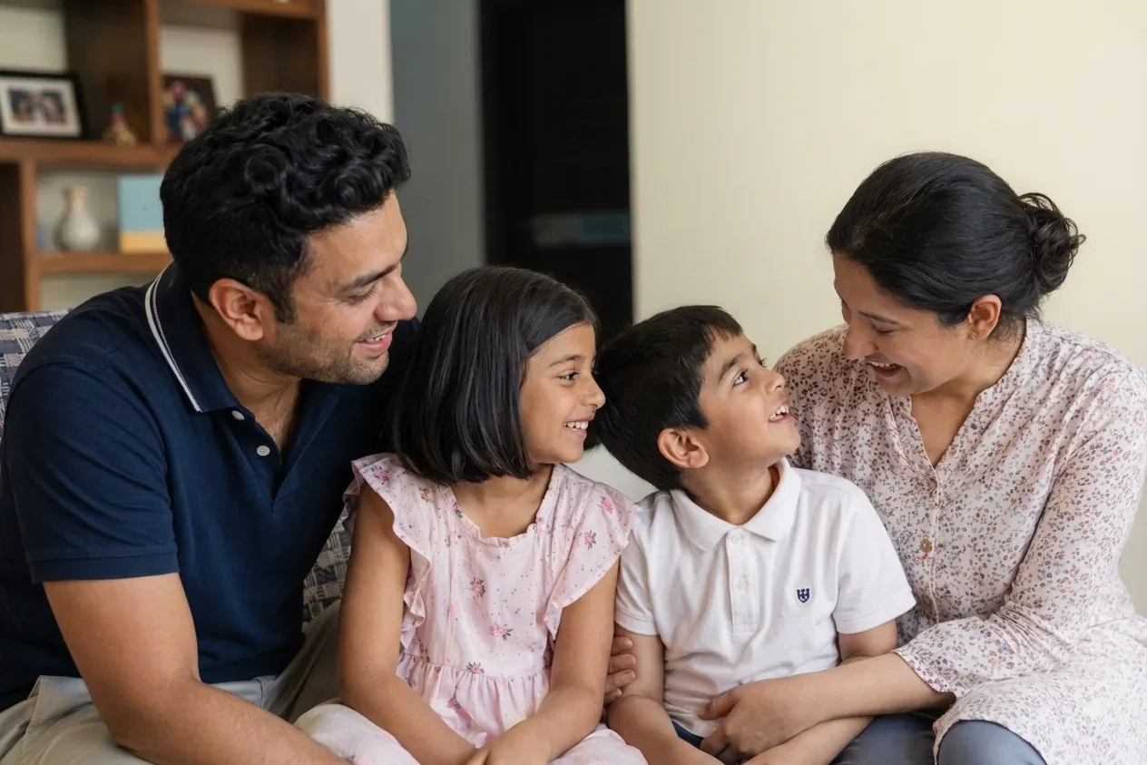 Parents sharing a happy moment with their children at home